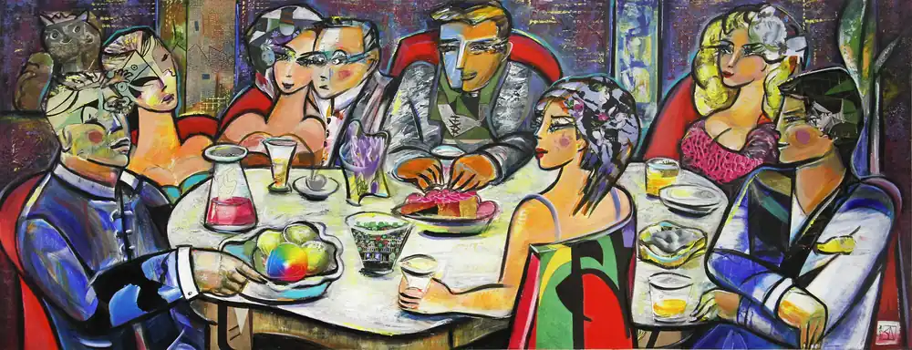 Schneller Versand Unikat, modernes Gemälde, K. Namazi: Dinner with Friends VII, Original