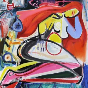 Billig Kunstdruck, signiert, M. Cieśla: Komposition mit weiblicher Form und Katzen, Edition