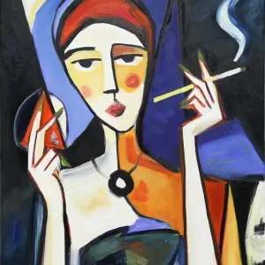 Kostenloser Versand M. Cieśla: Mädchen mit Zigarette 7, Original/Unikat, Expressionistisches Ölgemälde