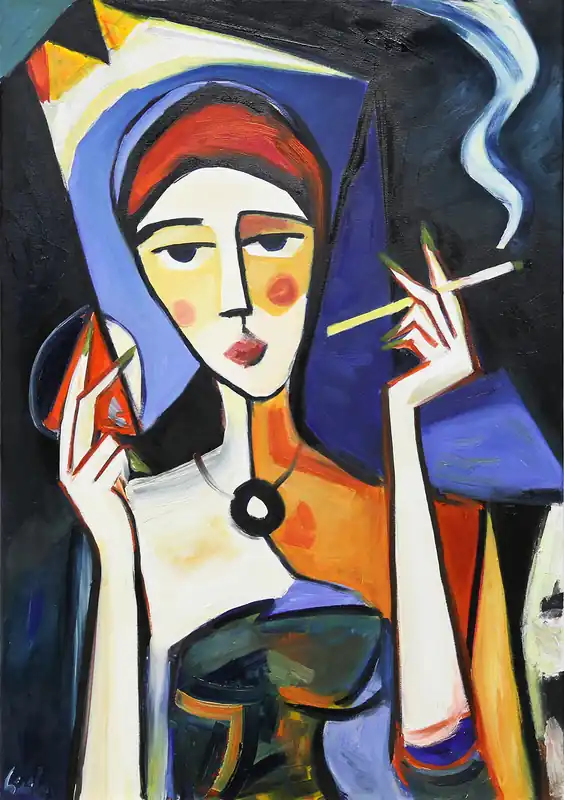 Kostenloser Versand M. Cieśla: Mädchen mit Zigarette 7, Original/Unikat, Expressionistisches Ölgemälde