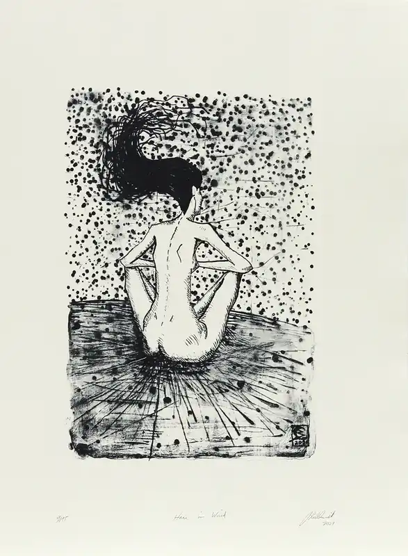 C. Blechschmidt: "Haare im Wind", Originale Grafik/Lithographie Gratis Versand