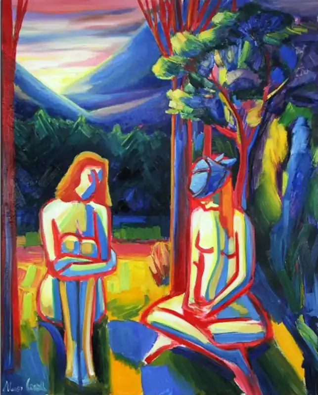 Expressionistische Ölmalerei, Maciej Cieśla: "Zwei weibliche Formen, die Farbe der Natur 02.2019", Unikat Schnäppchen