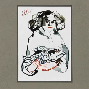 L. Roth: "Karpfen blau". originale Grafik/Zeichnung (Unikat) Begrenztes Angebot