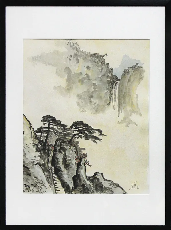 Acrylbild auf Papier, C. Blechschmidt: "Japanische Landschaft", Original/Unikat Abverkauf
