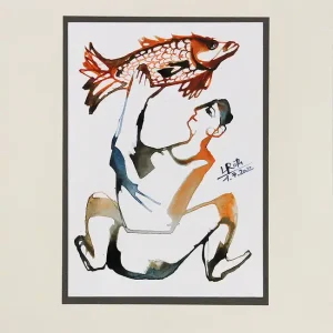 L. Roth: "Fische fangen". originale Grafik/Zeichnung (Unikat) Preisknaller