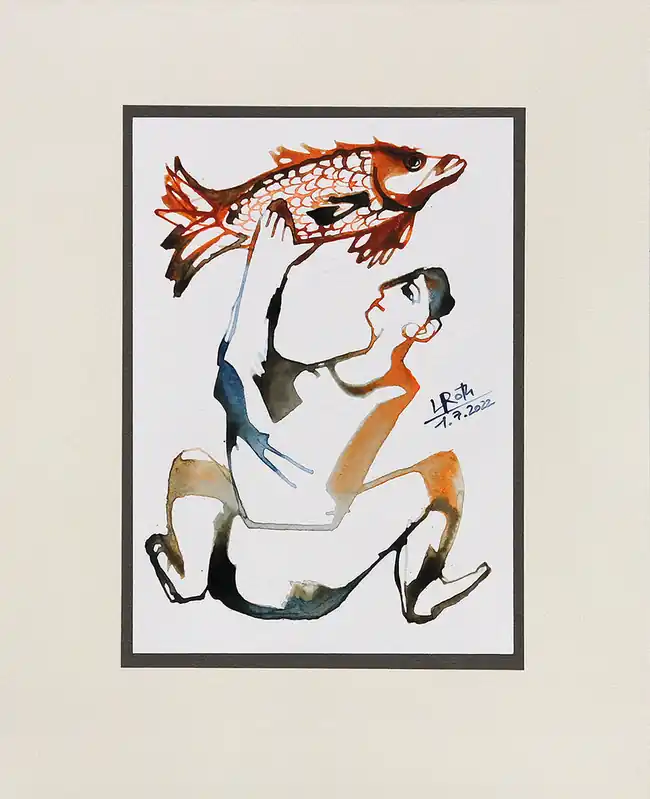L. Roth: "Fische fangen". originale Grafik/Zeichnung (Unikat) Preisknaller