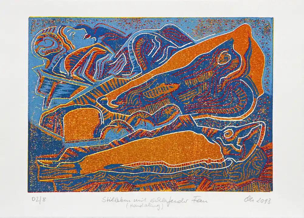 Sonderangebot F.O.Haake:"Stillleben mit schlafender Frau,Blatt 02/8",originale Grafik/serielles Unikat, Linoldruck