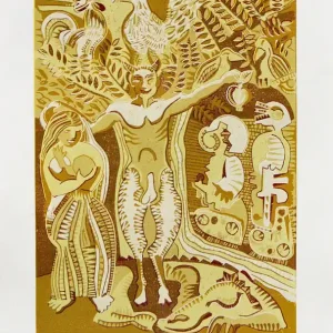 Ausverkauf F.O. Haake: "Pan - Blatt 08/12", originale Grafik/serielles Unikat, mehrfarbiger Linoldruck