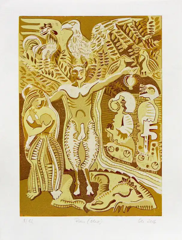 Ausverkauf F.O. Haake: "Pan - Blatt 08/12", originale Grafik/serielles Unikat, mehrfarbiger Linoldruck