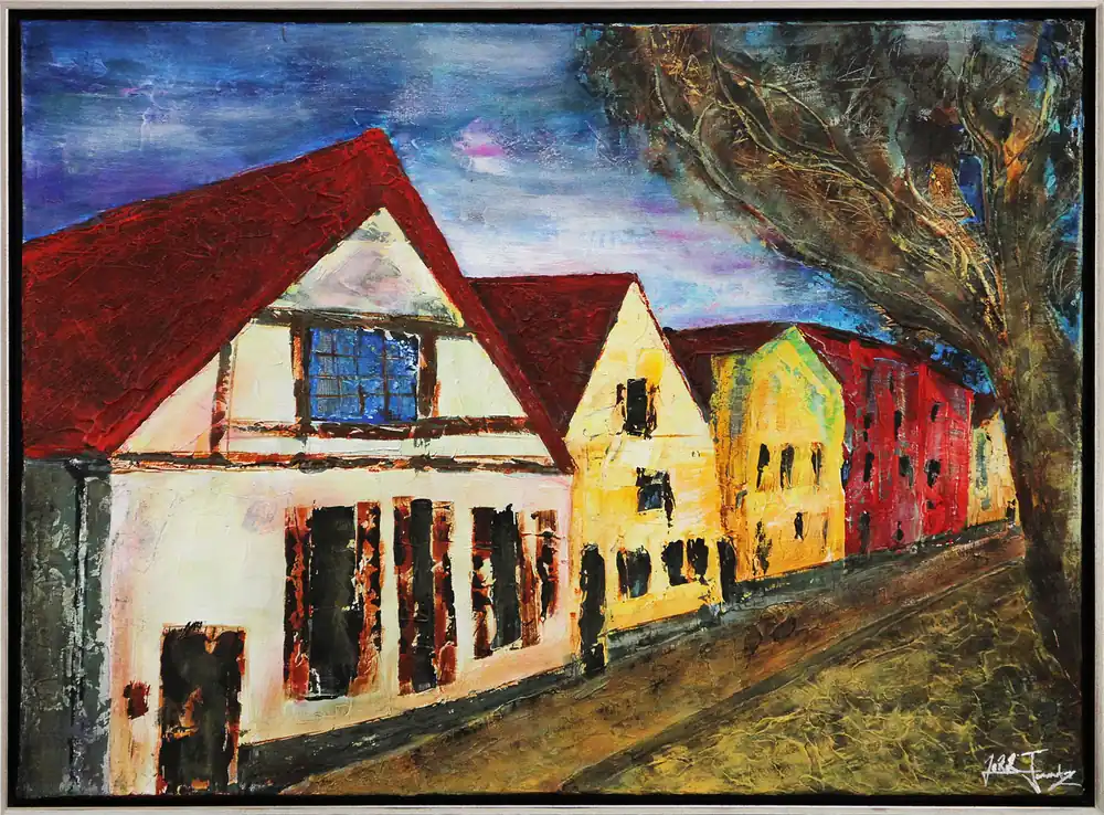 Direktkauf J. Fernandez: "Warnemünde in surrealem Licht", moderne Originalkunst (Unikat) (ri)