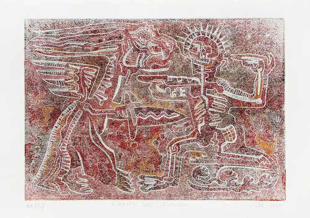 Ausverkauf F.O. Haake: "Kampf der Dämonen - Blatt 03/20", originale Grafik/serielles Unikat, Linoldruck