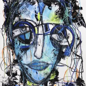 I. Schmidt: "Blaues Gesicht III", zeitgenössische Grafik/Malerei, Original/Unikat (A) Knallerangebot