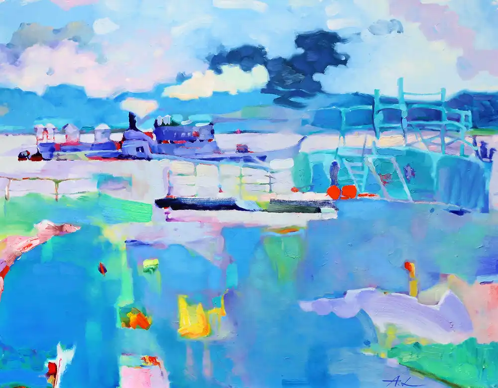 Nur Heute A. Larrett: "Dampferanlegestelle an der Elbe", Edition, signierter Druck