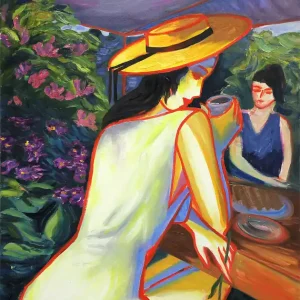 Schneller Versand M. Cieśla: "Mädchen im Garten", Original/Unikat, Expressionistisches Ölgemälde (A)