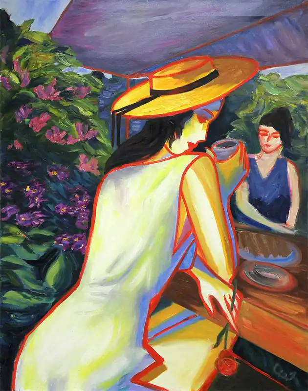 Schneller Versand M. Cieśla: "Mädchen im Garten", Original/Unikat, Expressionistisches Ölgemälde (A)