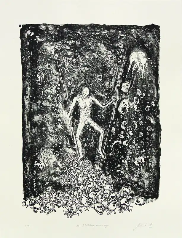 C. Blechschmidt: "Den Schädelberg hinabsteigen", Originale Grafik/Lithographie Sonderangebot