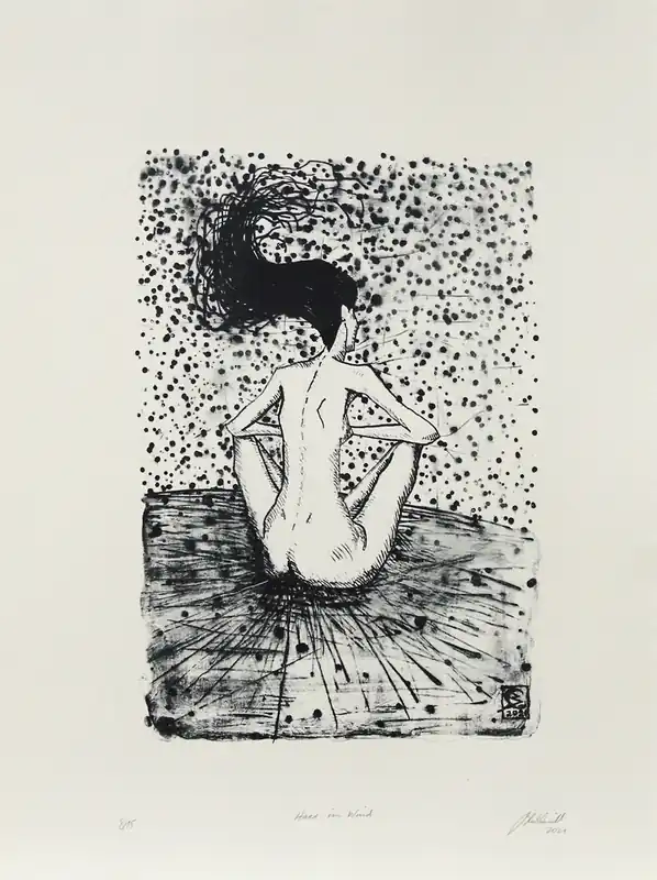 Neuheit C. Blechschmidt: "Haare im Wind, 8/15", Originale Grafik/Lithographie
