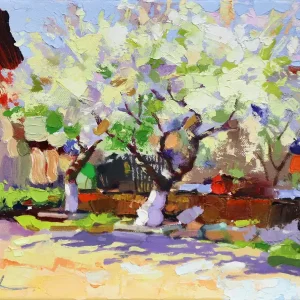 Preisreduziert A. Larrett: "Blühende Birnbäume", Pleinairmalerei in Öl, Original/Unikat (A)