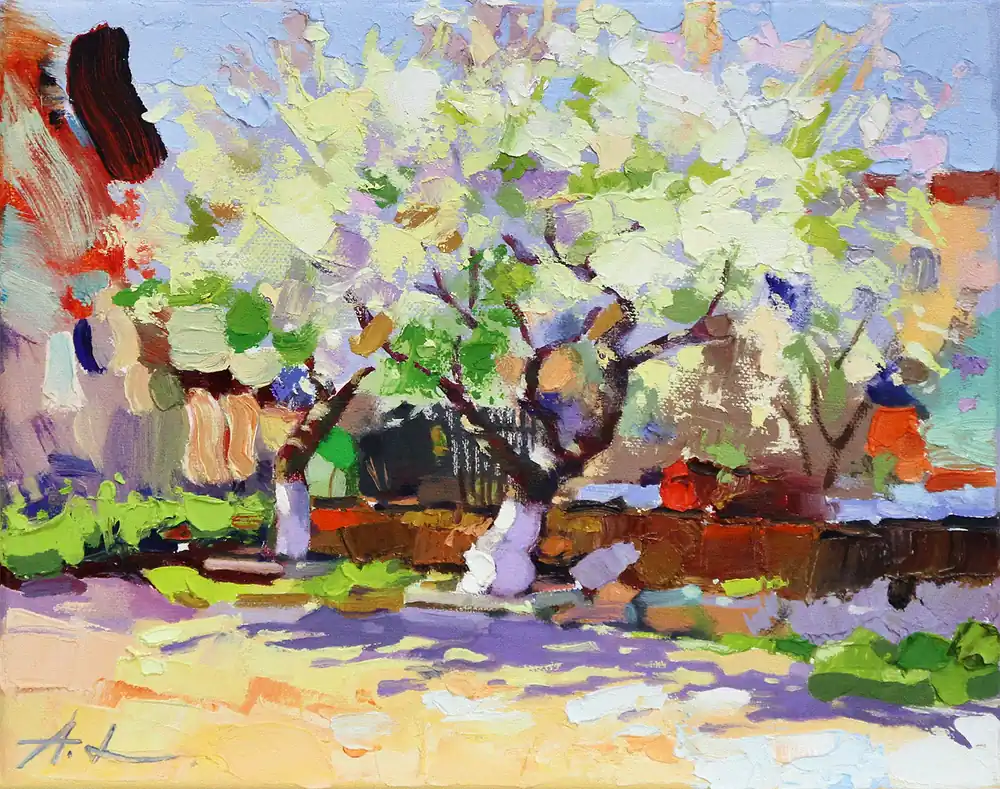 Preisreduziert A. Larrett: "Blühende Birnbäume", Pleinairmalerei in Öl, Original/Unikat (A)