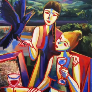 Sale Expressionistisches Originalgemälde (Unikat), Maciej Cieśla: "Zwei Mädchen, die Alpen und eine Krähe