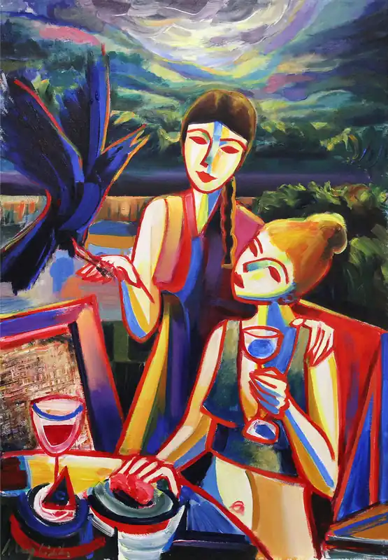 Sale Expressionistisches Originalgemälde (Unikat), Maciej Cieśla: "Zwei Mädchen, die Alpen und eine Krähe