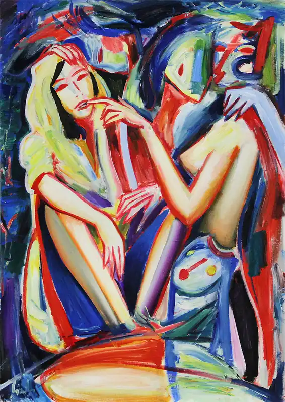 Kostenfreie Lieferung M. Cieśla: "Nacht, Geister des Waldes, Mädchen im gelben Hoodie", Original/Unikat, expressionistisch