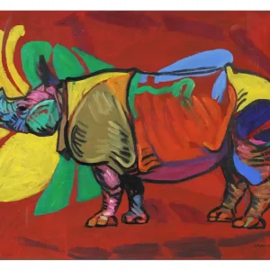 Zeitgenössisches Ölgemälde von Stefan Petrunov: "Rhino (red background)", Originalgemälde (Unikat) Sonderaktion