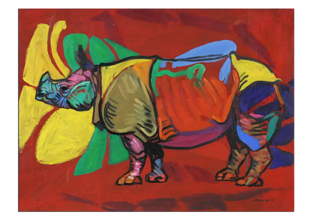 Zeitgenössisches Ölgemälde von Stefan Petrunov: "Rhino (red background)", Originalgemälde (Unikat) Sonderaktion