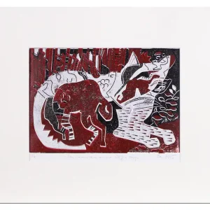 Sale Grafik, mehrfarbiger Linoldruck von Frank-Ole Haake: "Lammwolf"
