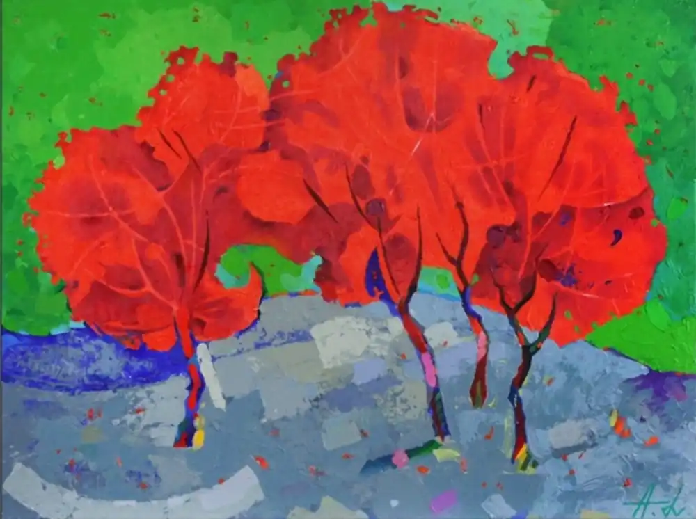 Acrylmalerei Bilder von Andy Larrett: "Rote Bäume", Originalgemälde (Unikat) (A) Saisonangebot
