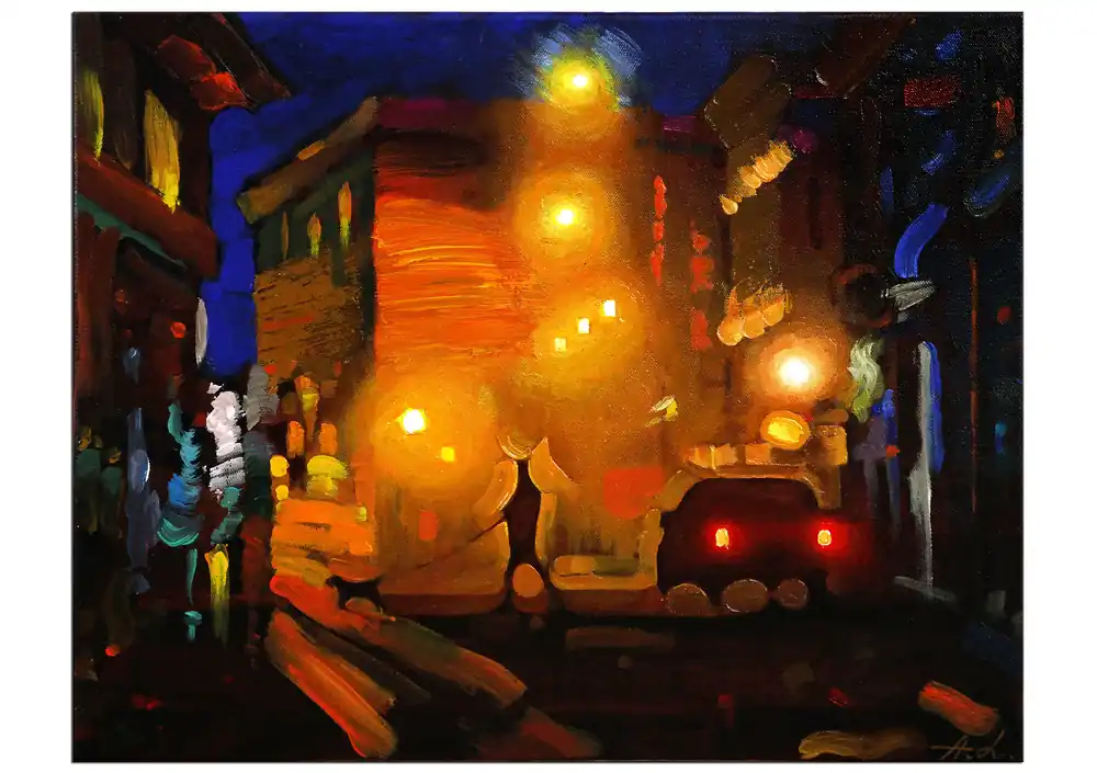 Versand Am Gleichen Tag Acrylmalerei von Andy Larrett: "Nachtspaziergang", inkl. Schattenfugenrahmen weiß/silber, SR-M4045A1