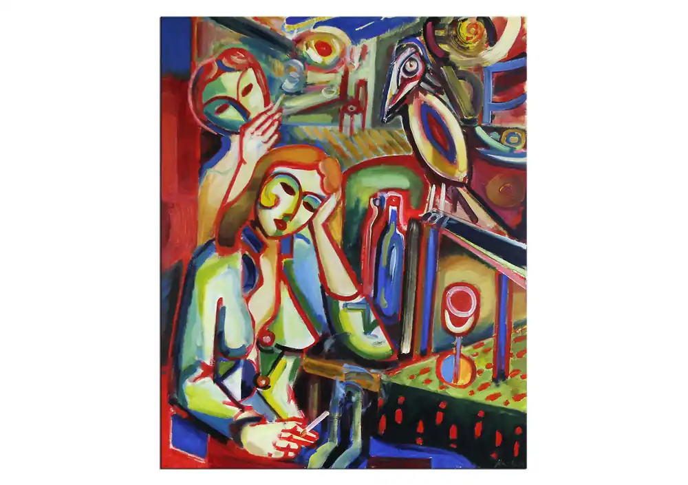 Expressionistische Ölmalerei, Maciej Cieśla: "Langweiliger Abend, zwei Mädchen" Schneller Versand