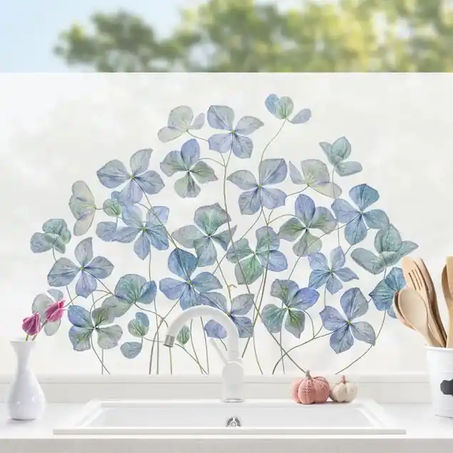 Blaue Hortensienblüten Fensterfolie Super-Preis