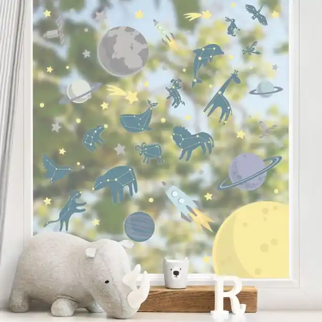 Planeten mit Sternzeichen und Raketen Fensteraufkleber Preiswert