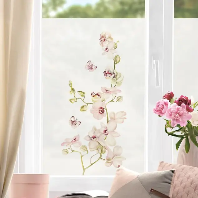 Orchideenzweig und Schmetterling in rosé Fensterfolie Preis Gesenkt
