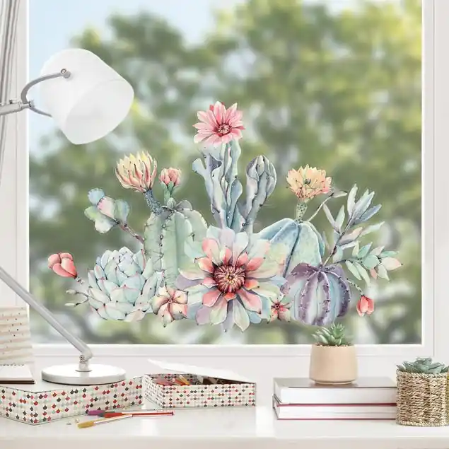 Kostenfreie Lieferung Aquarell Kaktus Blüte Bouquet XXL Fensteraufkleber