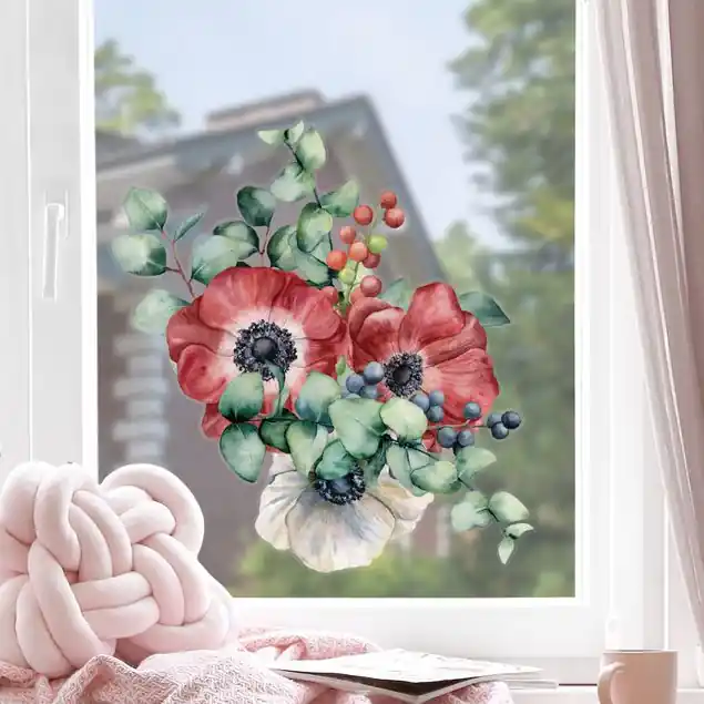 Sichere Zahlung Aquarell Eukalyptus Anemonen Bouquet XXL Fensteraufkleber