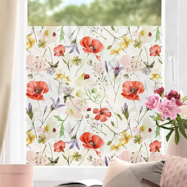 Marienkäfer mit Mohn als Aquarell Fensterfolie Bestpreis