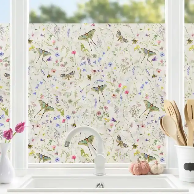 Abverkauf Schmetterlinge mit Blumen auf Creme Fensterfolie