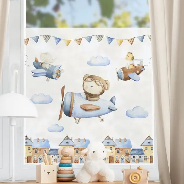Rabatt Aquarell Tierpilot Teddy Elefant und Giraffe Fensterfolie