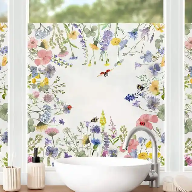 Aquarellierte Blumen mit Marienkäfern Fensterfolie Finale Aktion