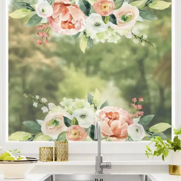 Kostenloser Versand Aquarell Rosa Blüten Wiese XXL Fensteraufkleber