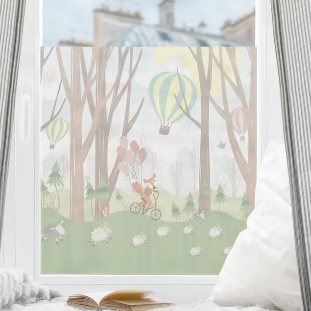 Sonne mit Bäumen und Heißluftballons Fensterfolie Sofort Bestellen