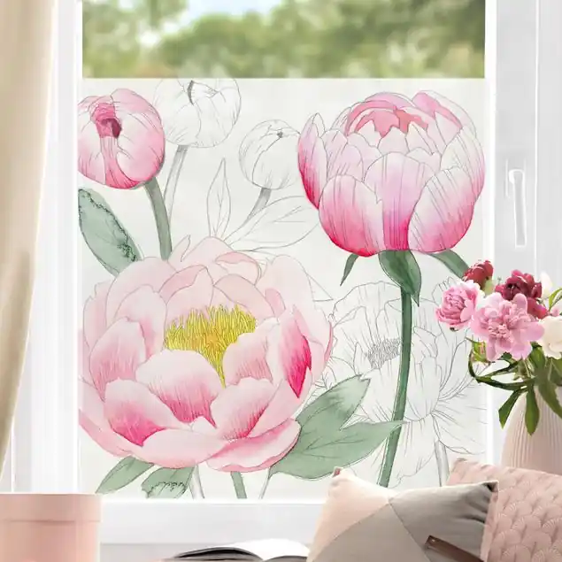 Zeichnung Rosa Päonien II Fensterfolie Schnäppchen