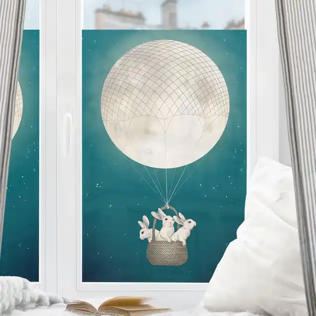 Illustration Hasen Mond-Heißluftballon Sternenhimmel Fensterfolie Geprüft