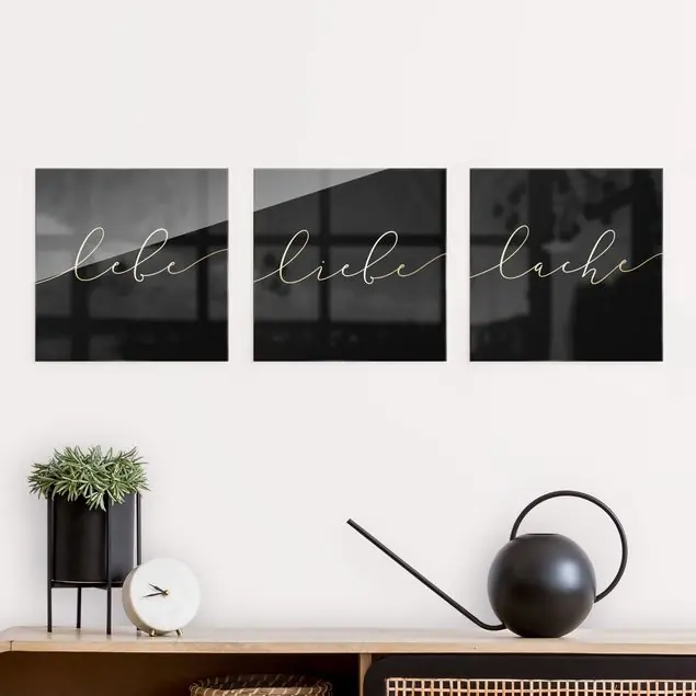 Lebe Liebe Lache Schwarz 3-teiliges Glasbild Knallerangebot