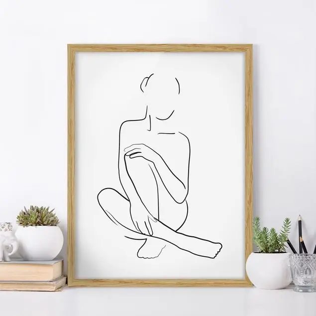 Line Art Frau sitzt Schwarz Weiß Bild mit Rahmen - Hochformat Kostenfreie Lieferung