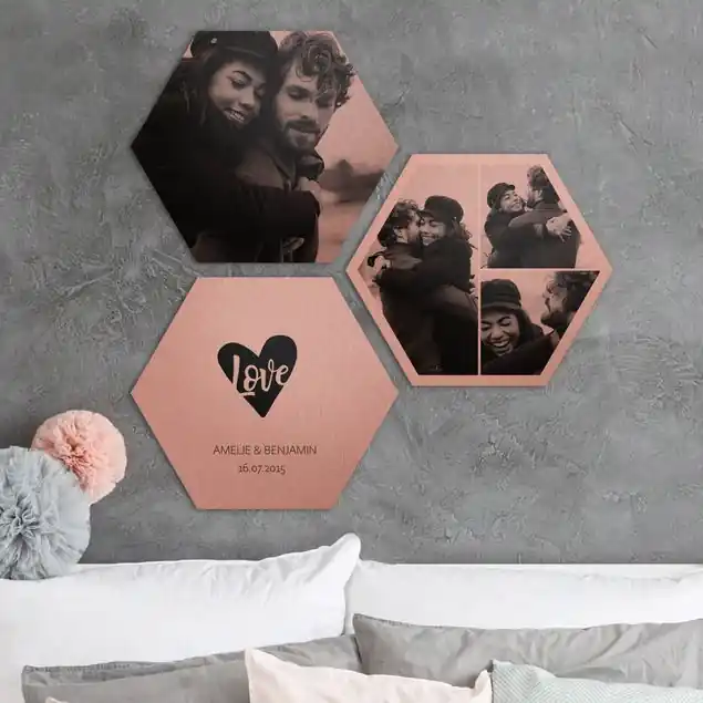 3-teiliges Hexagon Bild Alu-Dibond gebürstet Kupfer selbst gestalten Hexagon Bild Alu-Dibond Designer Abverkauf