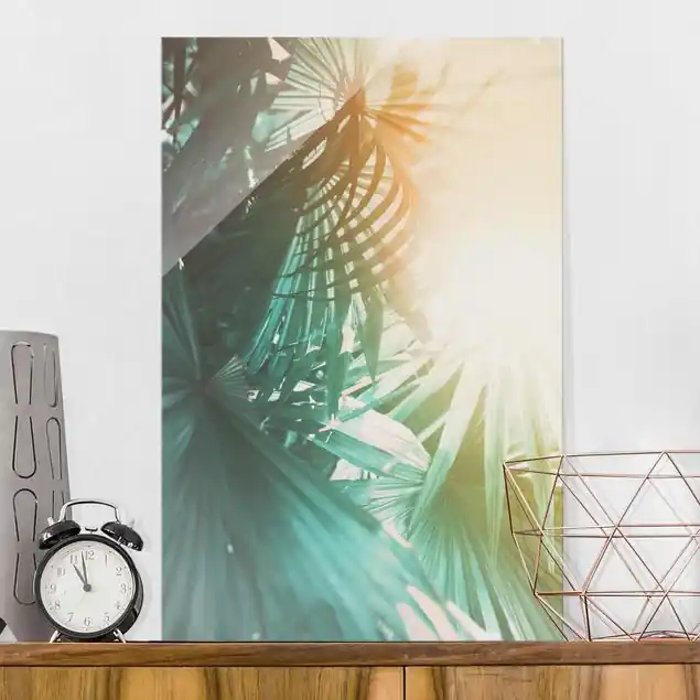 Zertifiziert Tropische Pflanzen Palmen bei Sonnenuntergang Glasbild - Querformat