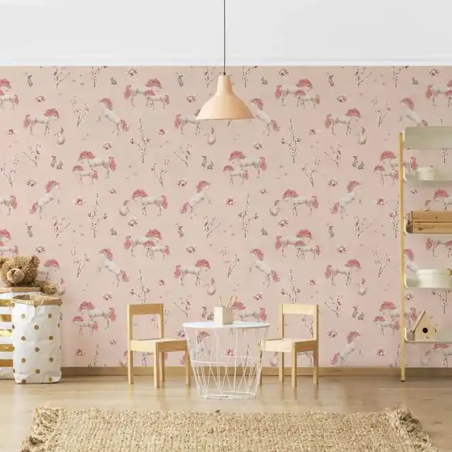 Einhörner und Blüten Muster Rosa Fototapete • Vliestapete + Kleister • hergestellt in Deutschland Super-Preis